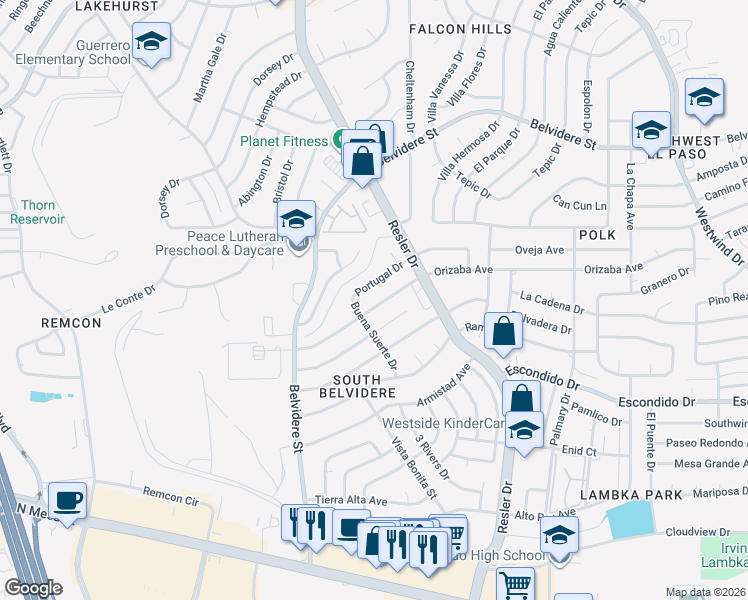 map of restaurants, bars, coffee shops, grocery stores, and more near 7131 Orizaba Avenue in El Paso