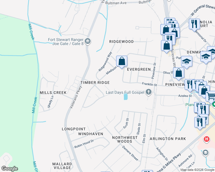 map of restaurants, bars, coffee shops, grocery stores, and more near 708 Edgewood Court in Hinesville