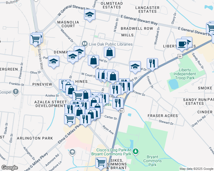 map of restaurants, bars, coffee shops, grocery stores, and more near 113 East Martin Luther King Junior Drive in Hinesville