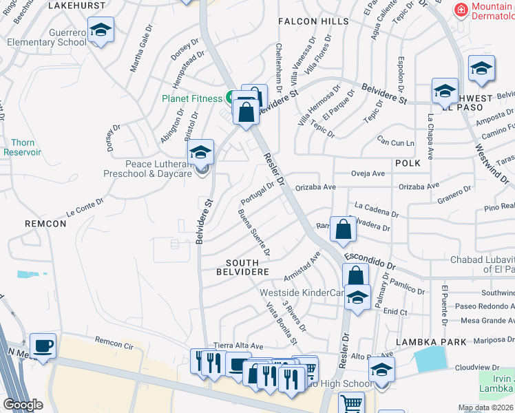 map of restaurants, bars, coffee shops, grocery stores, and more near 7133 Gran Vida Drive in El Paso
