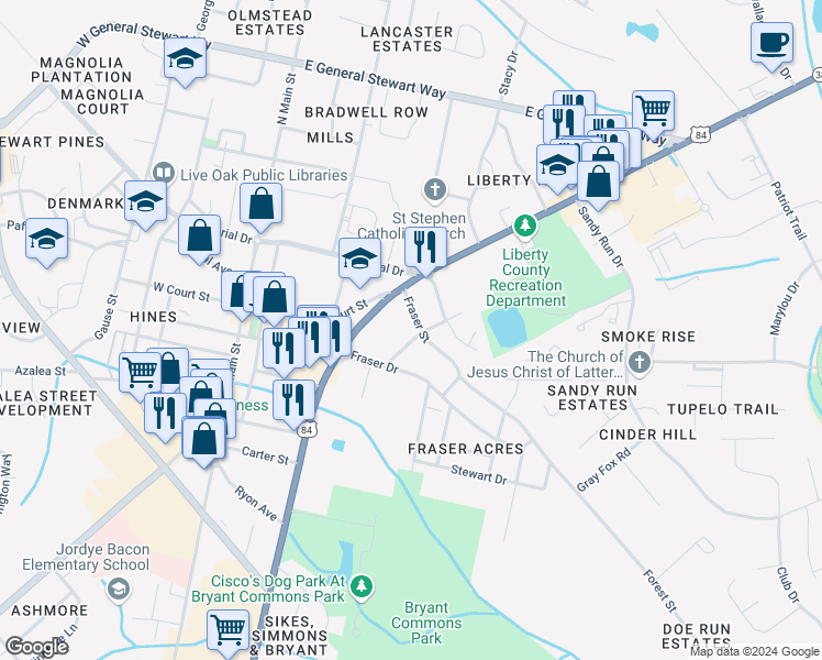 map of restaurants, bars, coffee shops, grocery stores, and more near 103 Fraser Street in Hinesville