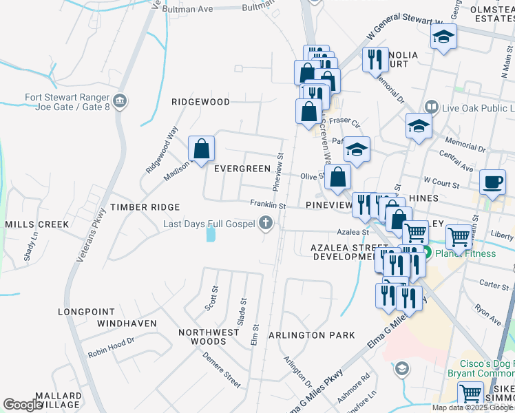 map of restaurants, bars, coffee shops, grocery stores, and more near 621 Azalea Street in Hinesville