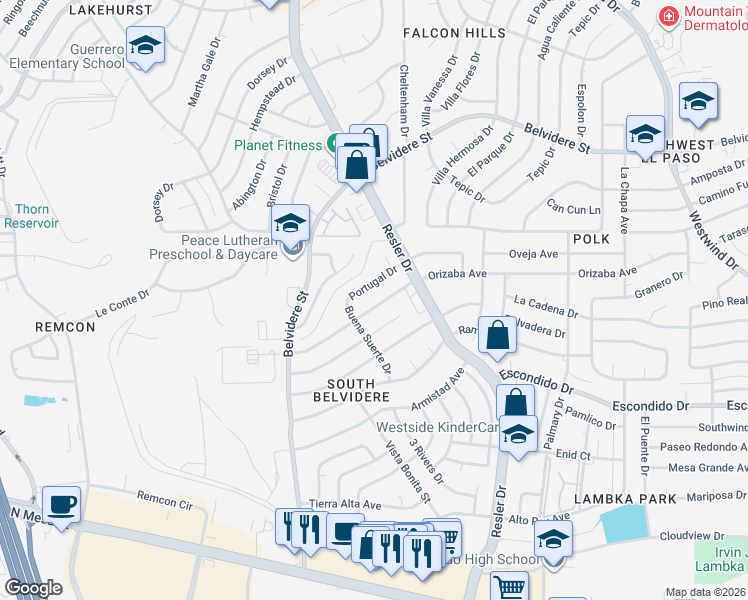 map of restaurants, bars, coffee shops, grocery stores, and more near 7133 Gran Vida Drive in El Paso