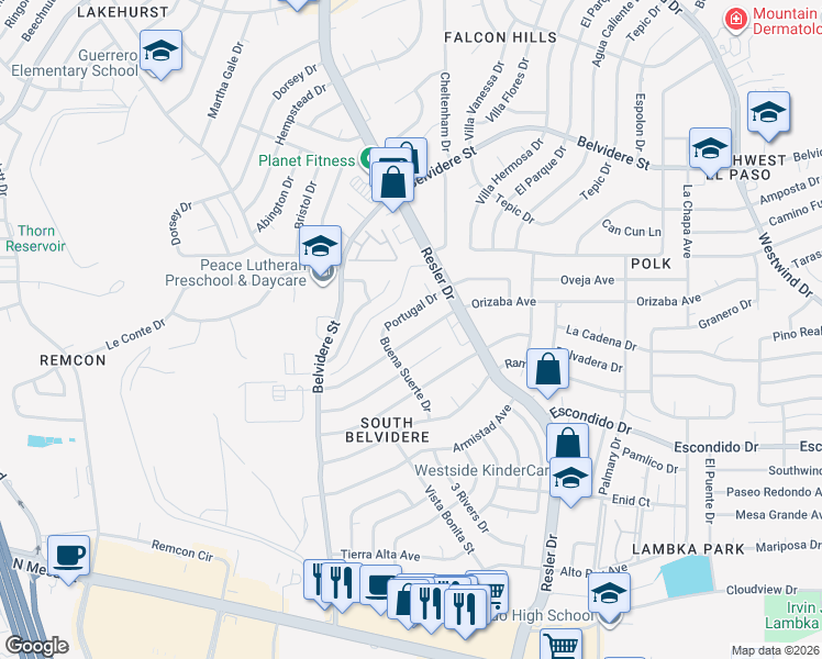 map of restaurants, bars, coffee shops, grocery stores, and more near 7133 Gran Vida Drive in El Paso