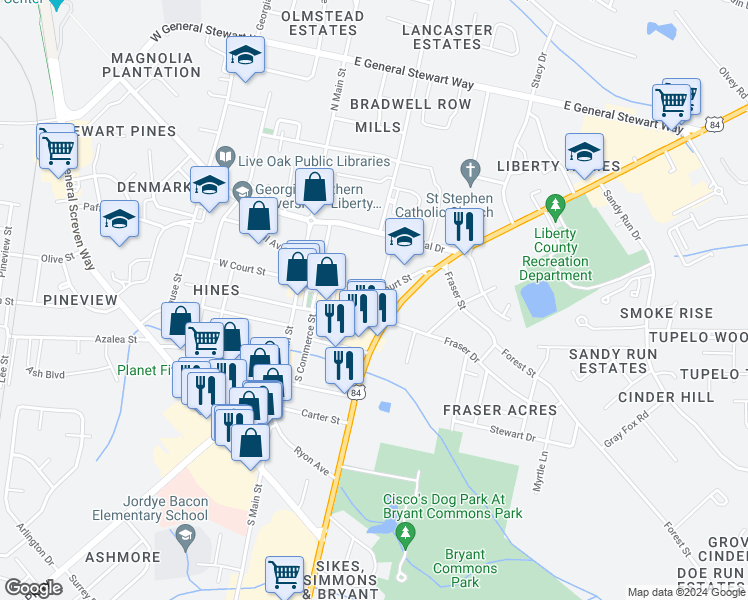 map of restaurants, bars, coffee shops, grocery stores, and more near 215 East Court Street in Hinesville