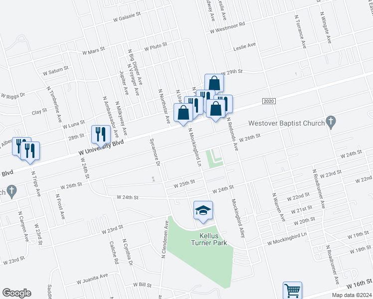 map of restaurants, bars, coffee shops, grocery stores, and more near 7720 West 26th Street in Odessa
