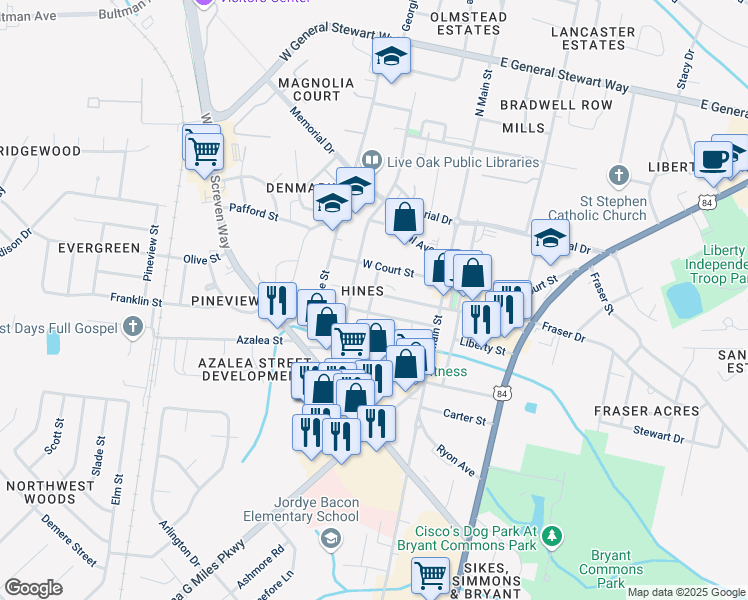 map of restaurants, bars, coffee shops, grocery stores, and more near 201 Ashmore Street in Hinesville