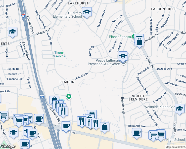 map of restaurants, bars, coffee shops, grocery stores, and more near 521 Russett Lane in El Paso