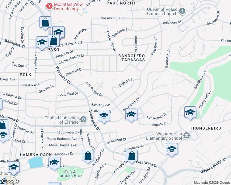 map of restaurants, bars, coffee shops, grocery stores, and more near 6361 Los Robles Drive in El Paso