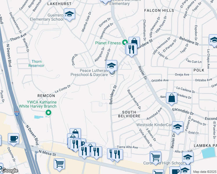 map of restaurants, bars, coffee shops, grocery stores, and more near 521 Belvidere Street in El Paso