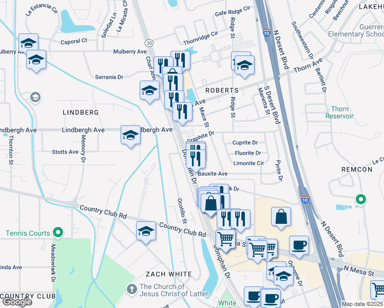 map of restaurants, bars, coffee shops, grocery stores, and more near 5135 Chromite Street in El Paso