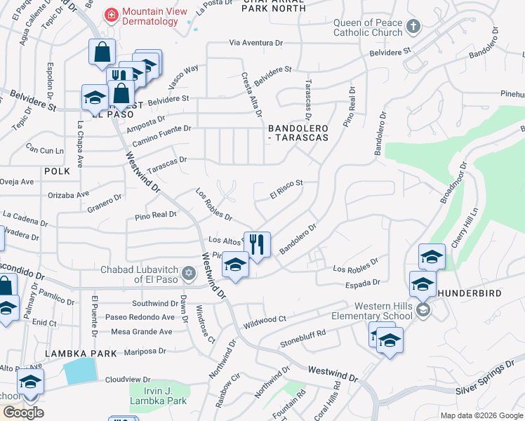 map of restaurants, bars, coffee shops, grocery stores, and more near 6361 Los Robles Drive in El Paso