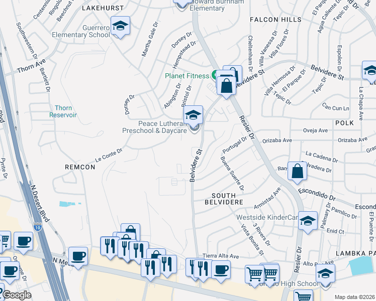 map of restaurants, bars, coffee shops, grocery stores, and more near 521 Belvidere Street in El Paso