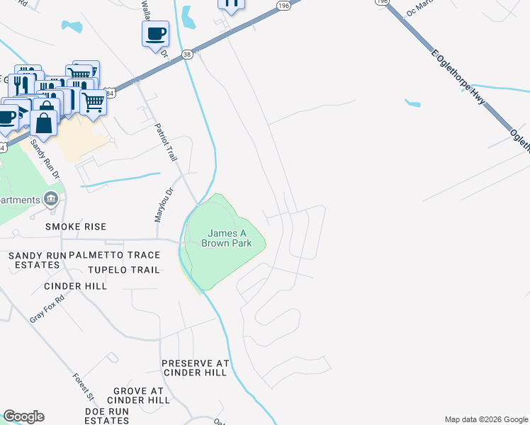 map of restaurants, bars, coffee shops, grocery stores, and more near 159 Hamlet Court in Hinesville