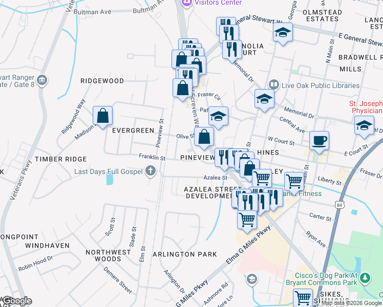 map of restaurants, bars, coffee shops, grocery stores, and more near 117 Stafford Street in Hinesville