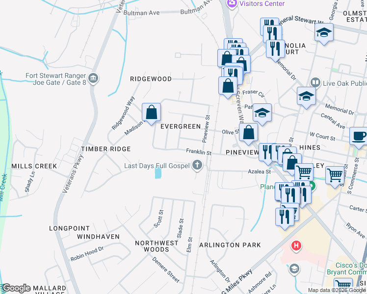 map of restaurants, bars, coffee shops, grocery stores, and more near 610 Palmetto Street in Hinesville