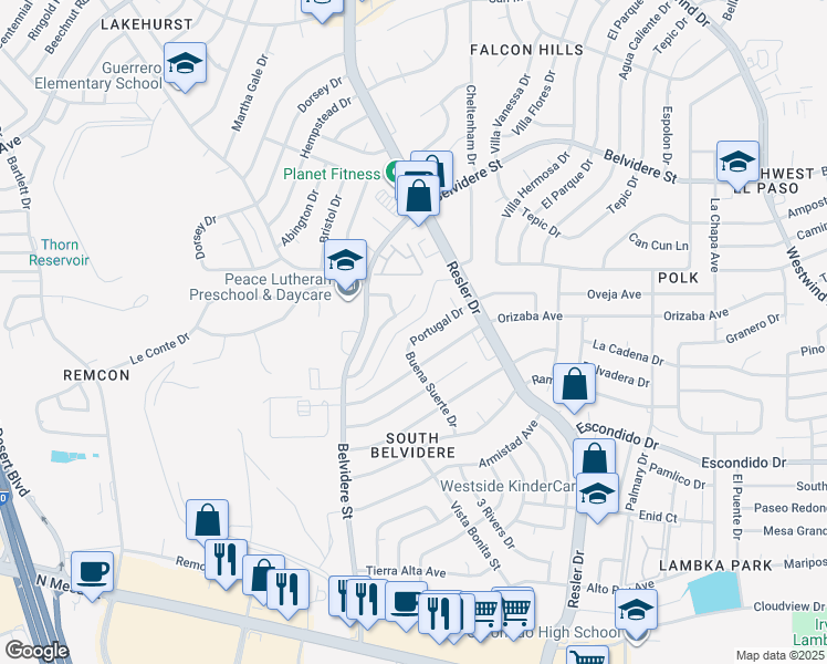 map of restaurants, bars, coffee shops, grocery stores, and more near 7208 Desert Eagle Drive in El Paso