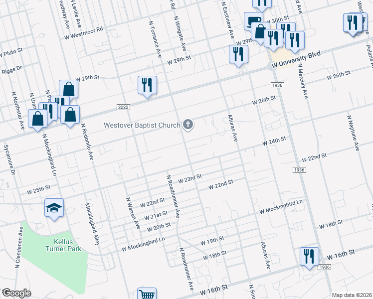 map of restaurants, bars, coffee shops, grocery stores, and more near 2474 North Torrance Avenue in Odessa