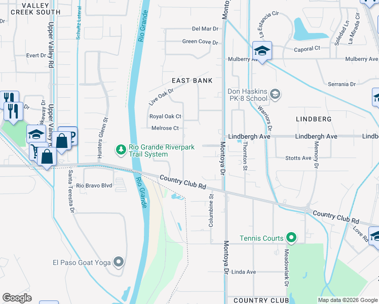 map of restaurants, bars, coffee shops, grocery stores, and more near 5168 Willow Creek Drive in El Paso