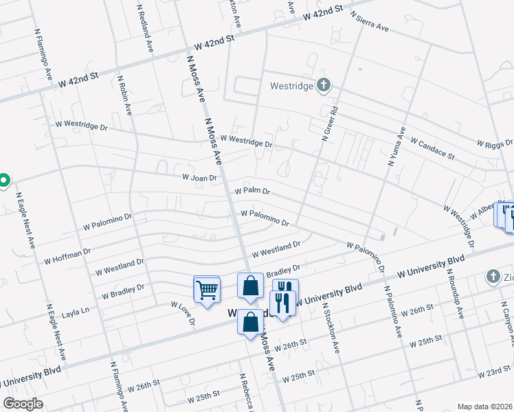 map of restaurants, bars, coffee shops, grocery stores, and more near 10164 W Palm Dr in Odessa