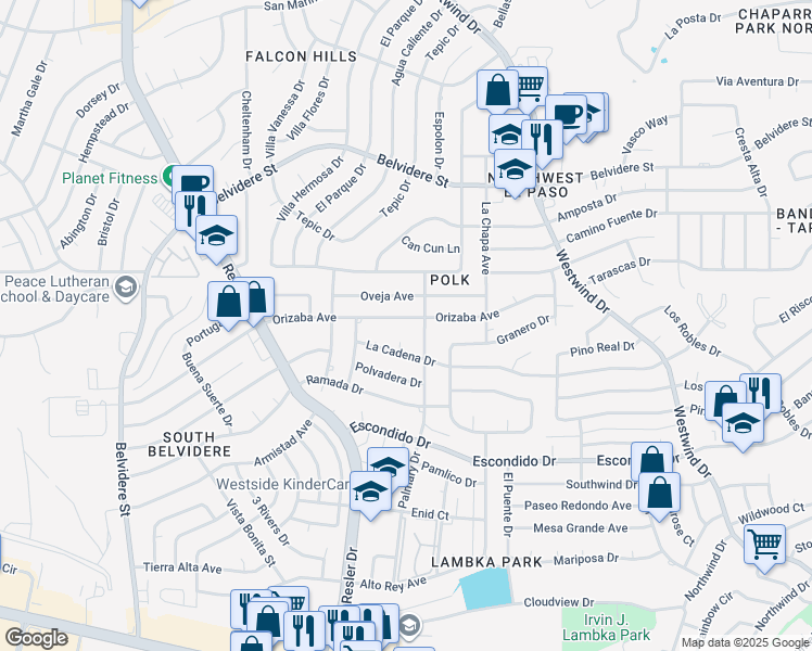 map of restaurants, bars, coffee shops, grocery stores, and more near 6901 Orizaba Avenue in El Paso