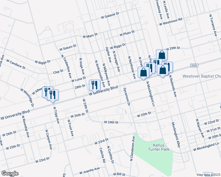 map of restaurants, bars, coffee shops, grocery stores, and more near West University Boulevard in Odessa
