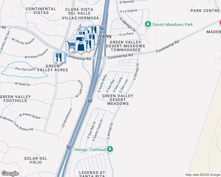 map of restaurants, bars, coffee shops, grocery stores, and more near 1541 South San Ray in Green Valley