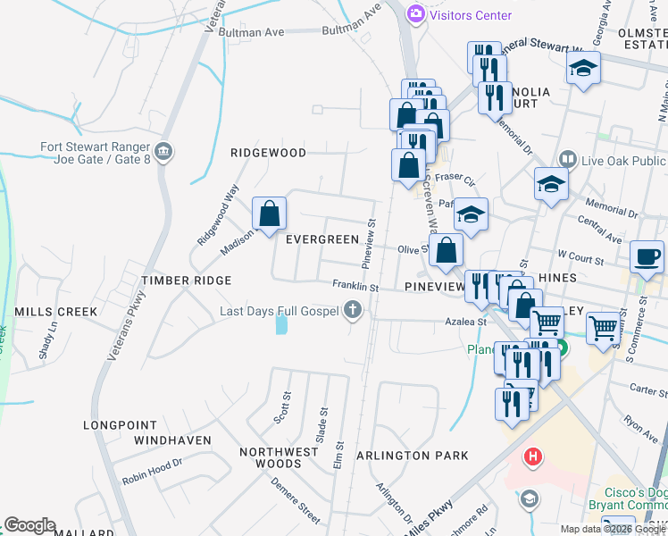 map of restaurants, bars, coffee shops, grocery stores, and more near 610 Palmetto Street in Hinesville