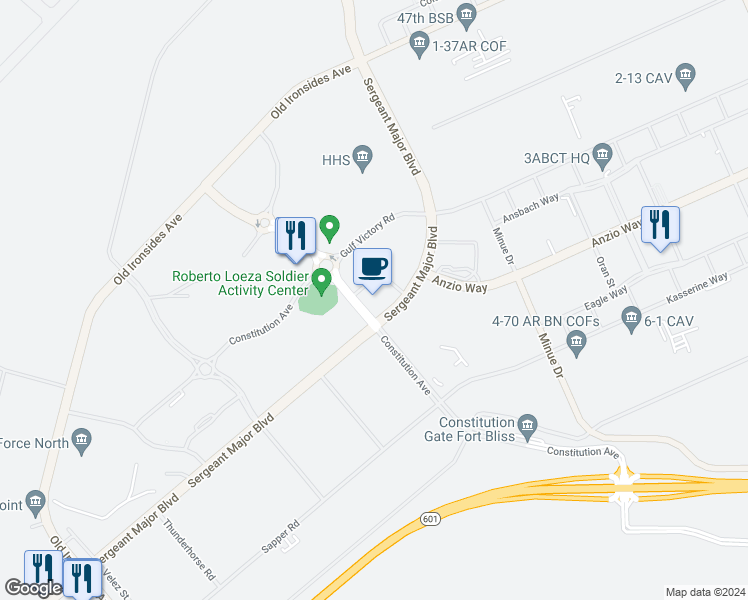 map of restaurants, bars, coffee shops, grocery stores, and more near 20727 Constitution Avenue in Fort Bliss