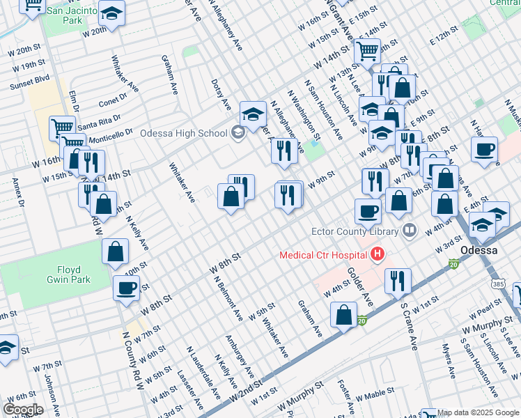 map of restaurants, bars, coffee shops, grocery stores, and more near 901 Bernice Avenue in Odessa