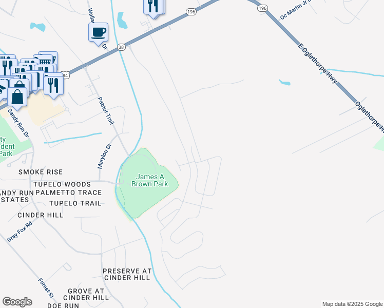 map of restaurants, bars, coffee shops, grocery stores, and more near Perlieu Court in Hinesville