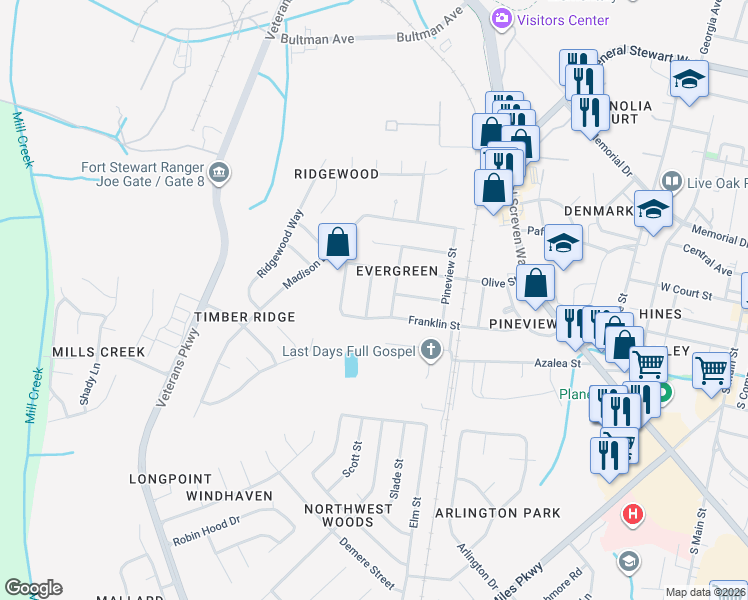 map of restaurants, bars, coffee shops, grocery stores, and more near 108 Cedar Street in Hinesville
