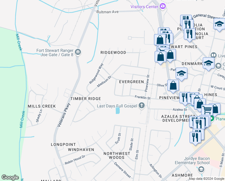 map of restaurants, bars, coffee shops, grocery stores, and more near 111 Hancock Street in Hinesville
