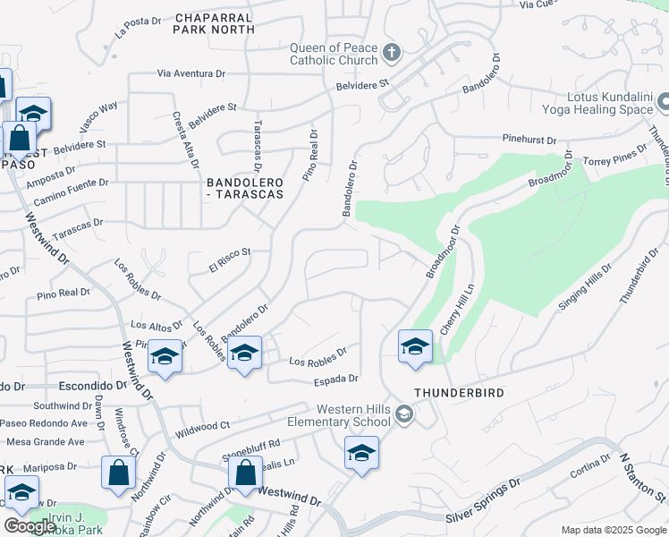 map of restaurants, bars, coffee shops, grocery stores, and more near Los Felinos Circle in El Paso