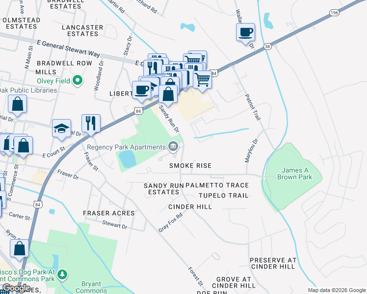 map of restaurants, bars, coffee shops, grocery stores, and more near 800 Regency Place in Hinesville