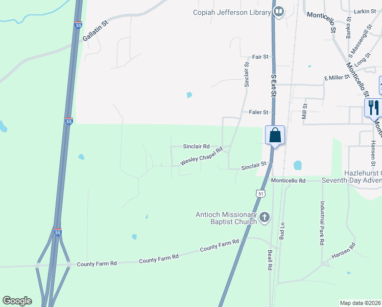 map of restaurants, bars, coffee shops, grocery stores, and more near 1149 Wesley Chapel Road in Hazlehurst