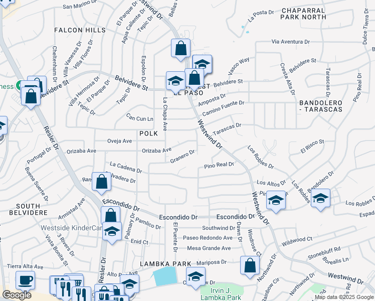 map of restaurants, bars, coffee shops, grocery stores, and more near 7025 Granero Drive in El Paso