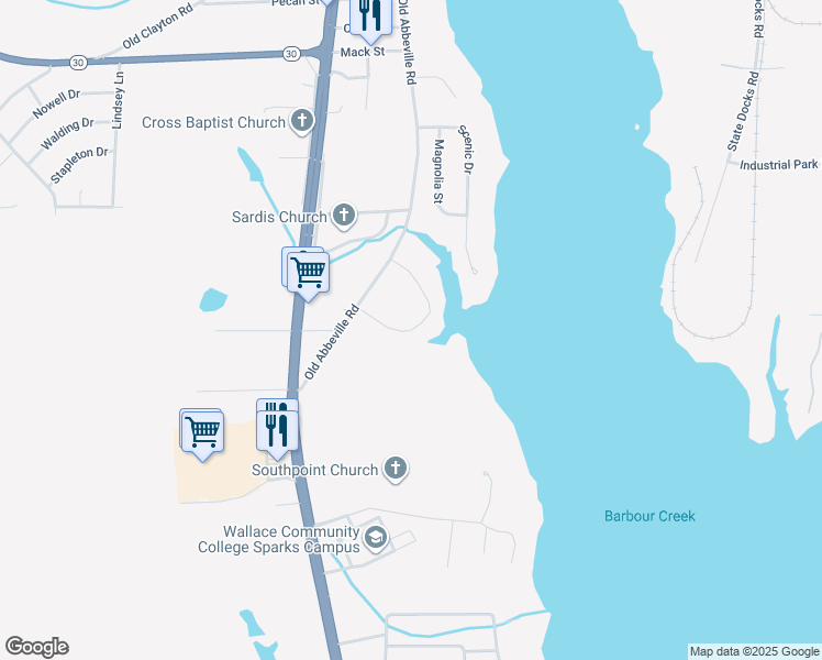 map of restaurants, bars, coffee shops, grocery stores, and more near 108 Ann Drive in Eufaula