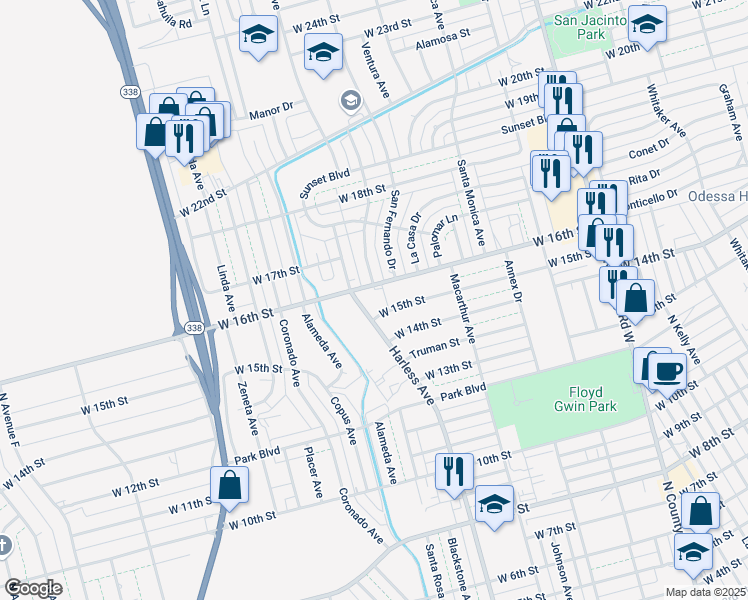map of restaurants, bars, coffee shops, grocery stores, and more near 2443 West 16th Street in Odessa