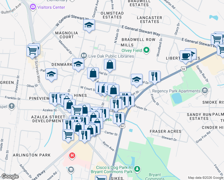 map of restaurants, bars, coffee shops, grocery stores, and more near 104 North Commerce Street in Hinesville
