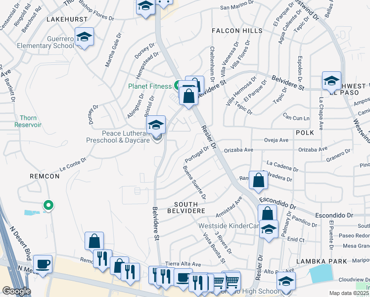 map of restaurants, bars, coffee shops, grocery stores, and more near 7208 Desert Eagle Drive in El Paso