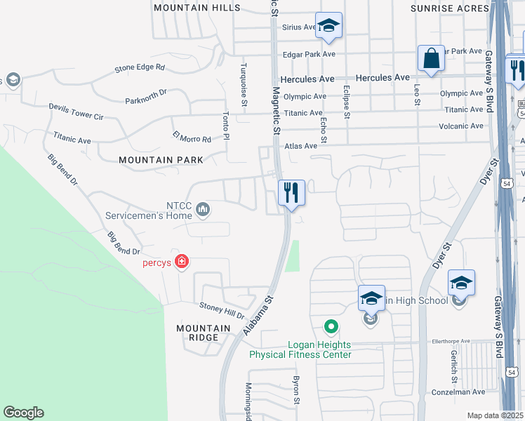map of restaurants, bars, coffee shops, grocery stores, and more near 3316 Old Spanish Trail in El Paso