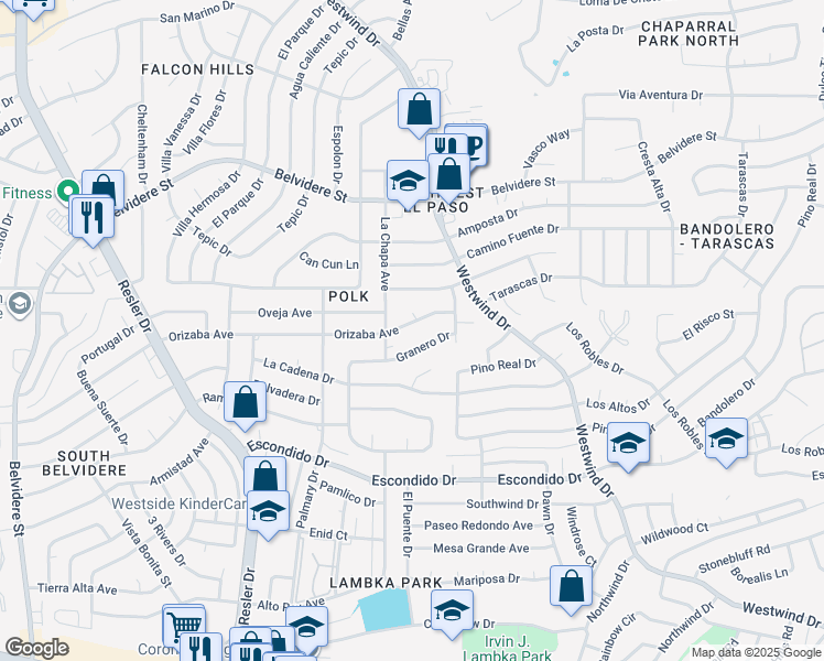 map of restaurants, bars, coffee shops, grocery stores, and more near 7025 Granero Drive in El Paso