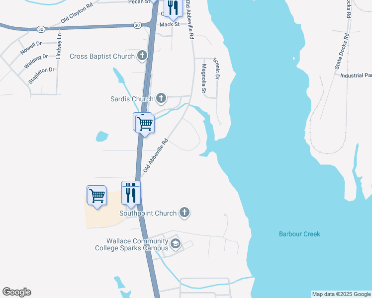 map of restaurants, bars, coffee shops, grocery stores, and more near 108-167 Ann Drive in Eufaula