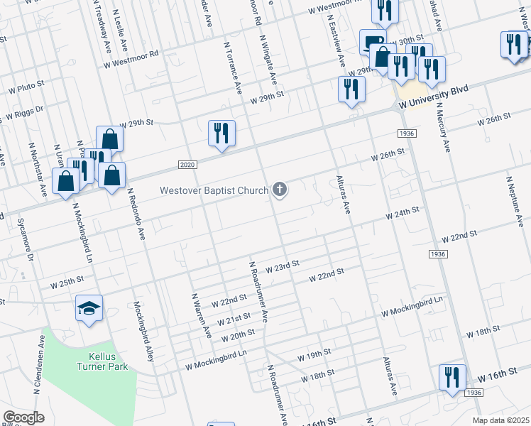 map of restaurants, bars, coffee shops, grocery stores, and more near 2474-2540 North Torrance Avenue in Odessa
