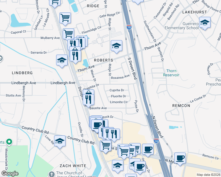 map of restaurants, bars, coffee shops, grocery stores, and more near 233 Cuprite Drive in El Paso
