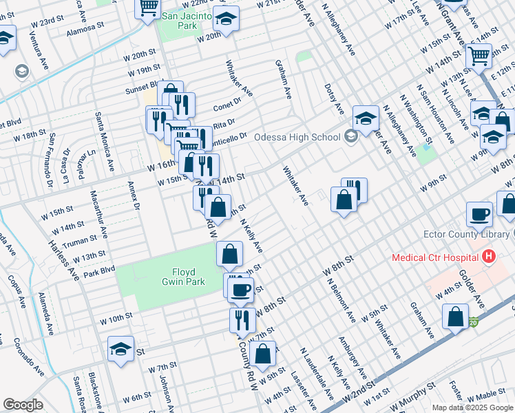 map of restaurants, bars, coffee shops, grocery stores, and more near 1415 West 13th Street in Odessa