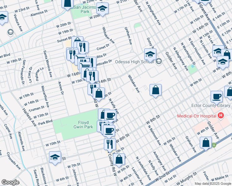 map of restaurants, bars, coffee shops, grocery stores, and more near 1415 West 13th Street in Odessa