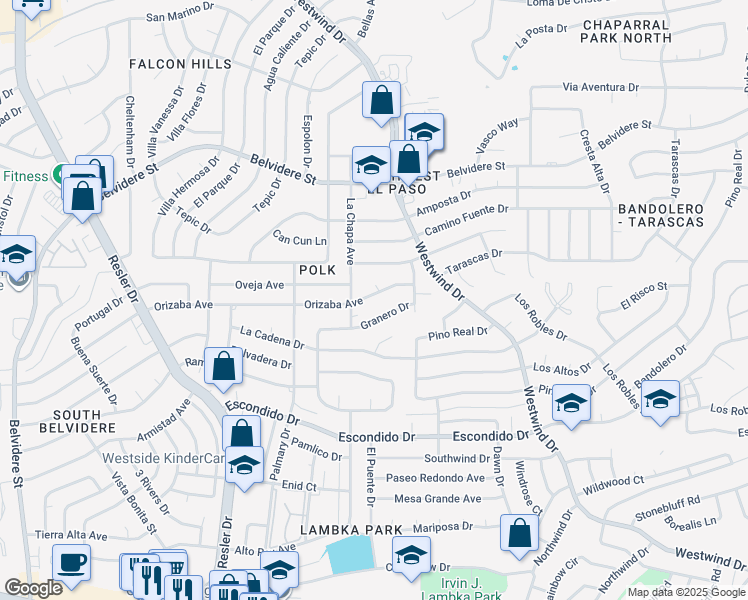 map of restaurants, bars, coffee shops, grocery stores, and more near 7025 Granero Drive in El Paso