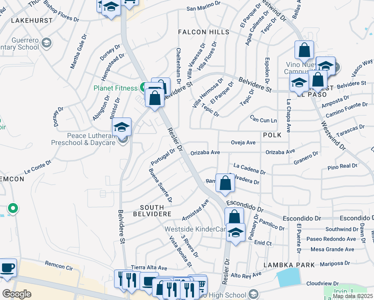 map of restaurants, bars, coffee shops, grocery stores, and more near 7045 Orizaba Avenue in El Paso